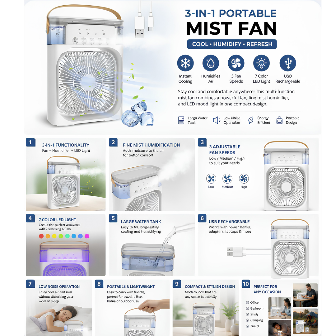 Portable AC Mini Air Cooler ❄️ Fan with Mist Spray & LED Night Light