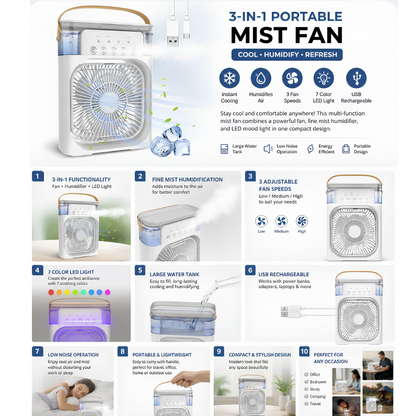 Portable AC Mini Air Cooler ❄️ Fan with Mist Spray & LED Night Light