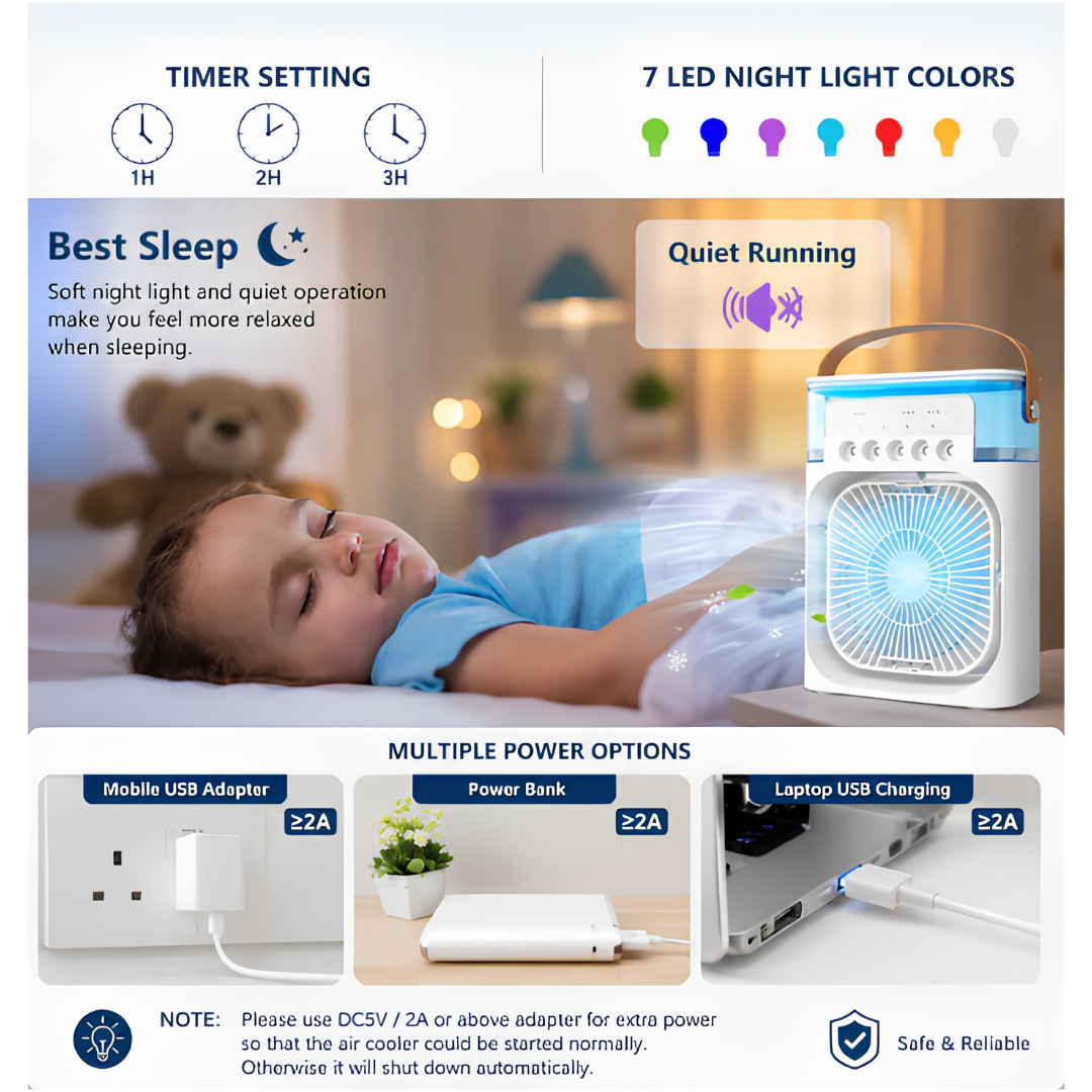 Portable AC Mini Air Cooler ❄️ Fan with Mist Spray & LED Night Light