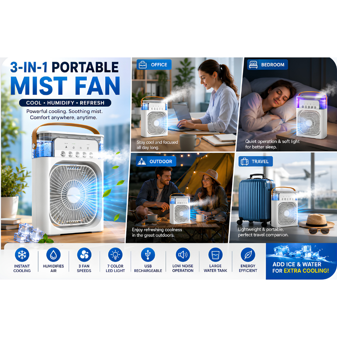 Portable AC Mini Air Cooler ❄️ Fan with Mist Spray & LED Night Light